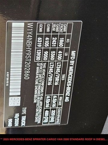 2025 Mercedes-Benz Sprinter Cargo Van 2500 Standard Roof I4 Diesel HO 144" RWD